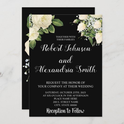 Invitation Roses blanches | MARIAGE (Devant / Derrière)