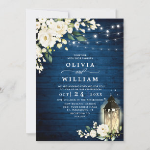 Invitation Roses blanches Mariage d'aquarelle en bois bleu