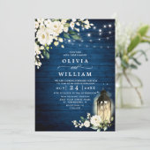 Invitation Roses blanches Mariage d'aquarelle en bois bleu (Debout devant)