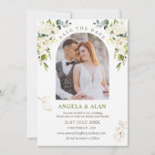 Invitation Roses blanches Mariage vert Enregistrer la date (Devant)