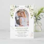 Invitation Roses blanches Mariage vert Enregistrer la date (Debout devant)