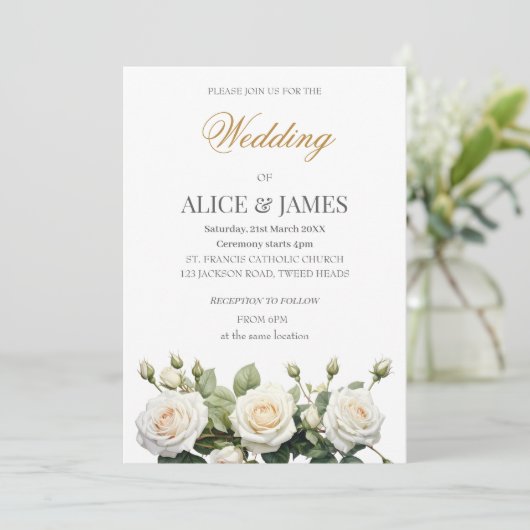 Invitation Roses blanches mariages (Debout devant)