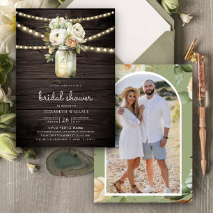 Invitation Roses blanches Mason Jar Photo Fête des mariées en