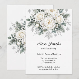 Invitation Roses blanches Noël Brunch d'hiver & Champagne