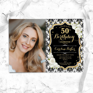 Invitation Roses blanches noir blanc Damas photo 50e annivers