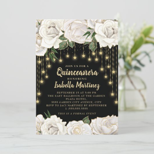 Invitation Roses blanches Or String étoile étoile Quinceañera (Debout devant)