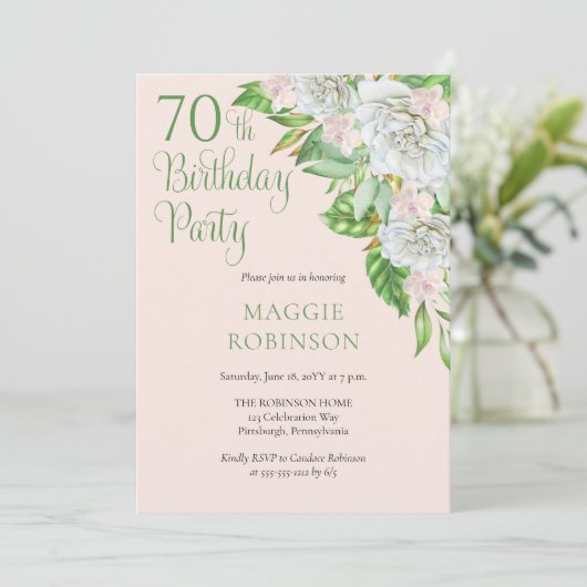 Invitation Roses blanches | Orchidées 70e fête d'anniversaire (Debout devant)