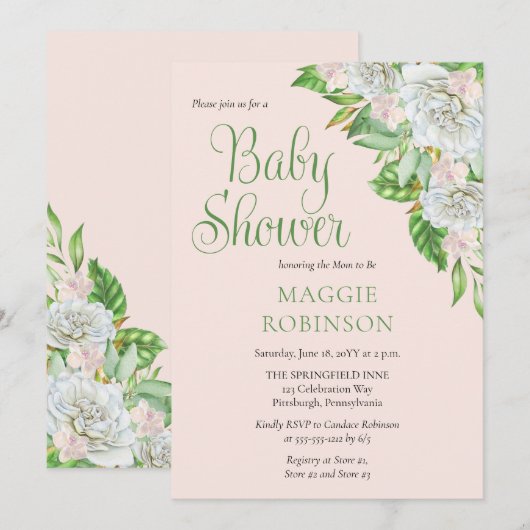 Invitation Roses blanches | Orchids Boho Floral Girl Baby sho (Devant / Derrière)