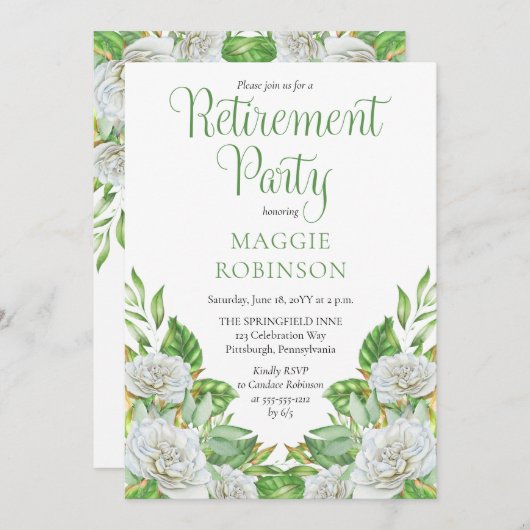 Invitation Roses blanches |Parti de retraite florale Boho ver (Devant / Derrière)