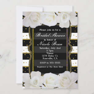 Invitation Roses blanches rayures noires et or Fête prénuptia