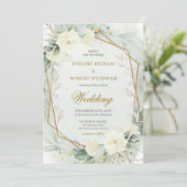 Invitation Roses blanches romantiques Eucalyptus Vert et or (Debout devant)