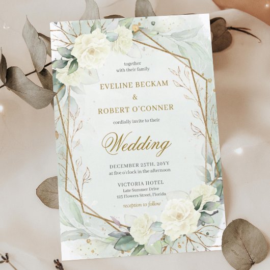 Invitation Roses blanches romantiques Eucalyptus Vert et or