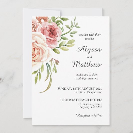 Invitation Roses blanches romantiques roses bleues Mariage fl (Devant)