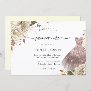 Invitation Roses blanches Rose or robe étincelante Quinceaner