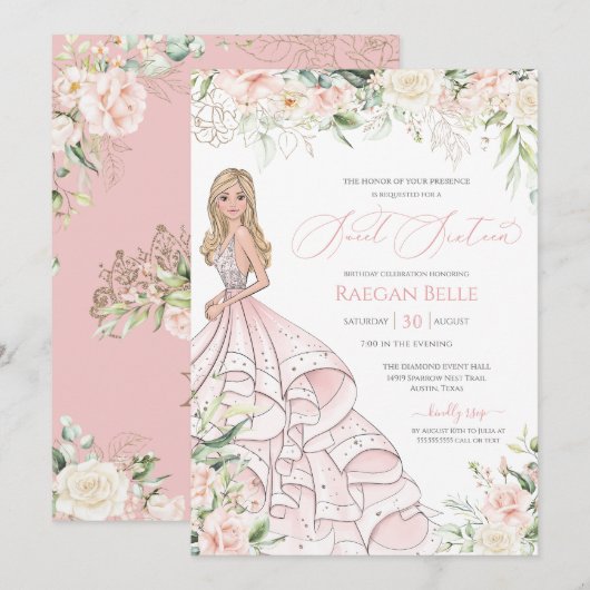 Invitation Roses blanches rose pâle Luxe Sweet sixteen Invit (Devant / Derrière)