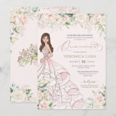 Invitation Roses blanches rose pâle Quince Quince Anos Annive (Devant / Derrière)