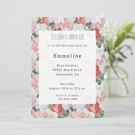 Invitation Roses blanches roses rouges Floral Anniversaire (Debout devant)