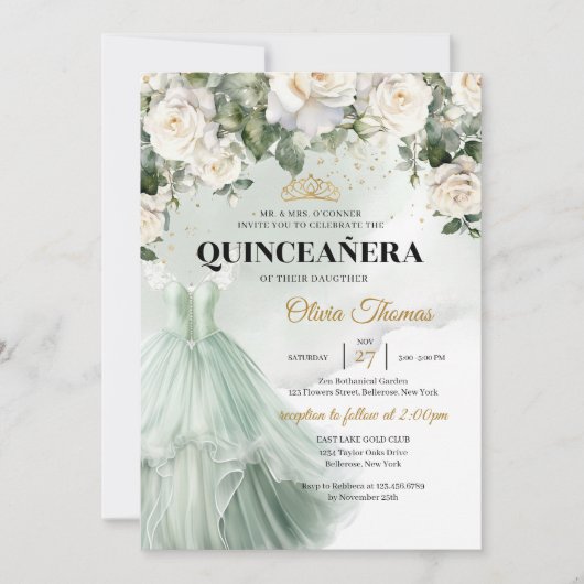 Invitation Roses blanches Roses vertes Élégante Princesse ver (Devant)
