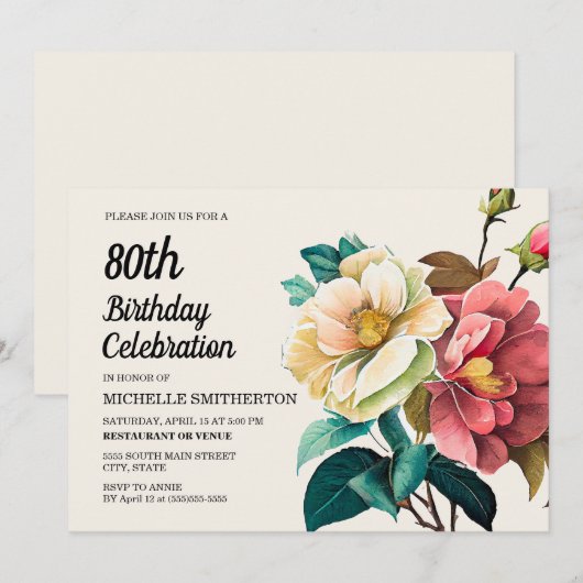 Invitation Roses blanches rouges 80e anniversaire (Devant / Derrière)