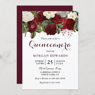 Invitation Roses blanches rouges de Bourgogne Quinceanera Inv