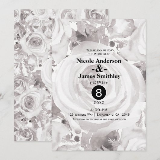 Invitation Roses blanches rustiques d'hiver Élégant mariage (Devant / Derrière)