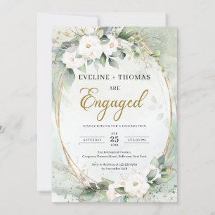 Invitation Roses blanches rustiques eucalyptus cadre ovale or