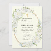 Invitation Roses Blanches Rustiques Floral Première Communion (Devant)