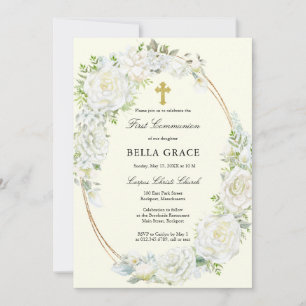 Invitation Roses Blanches Rustiques Floral Première Communion