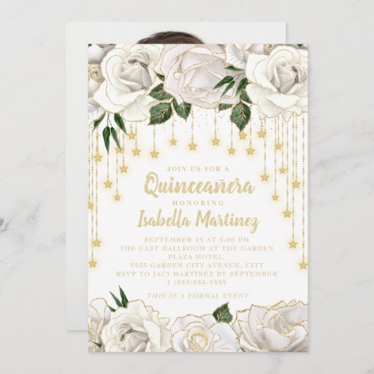 Invitation Roses blanches String or étoile Quinceañera In (Devant / Derrière)