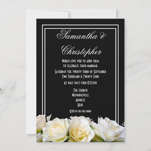 Invitation Roses blanches sur mariage floral noir (Devant)