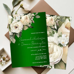 Invitation Roses blanches sur Mariage vert émeraude