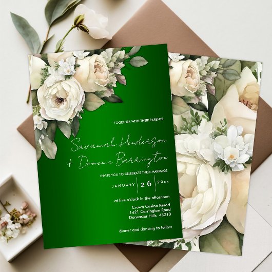 Invitation Roses blanches sur Mariage vert émeraude