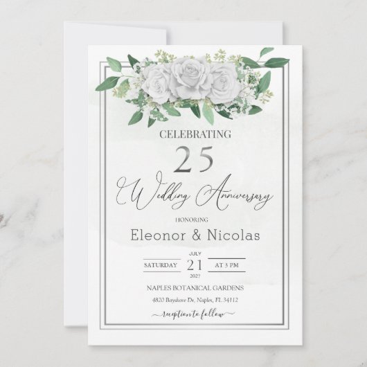 Invitation Roses blanches verdure 25e anniversaire de mariage (Devant)