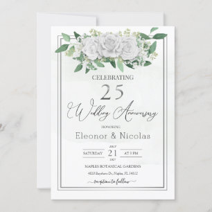 Invitation Roses blanches verdure 25e anniversaire de mariage