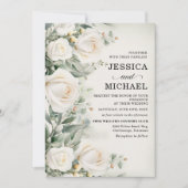 Invitation Roses blanches Verdure Mariage élégant (Devant)