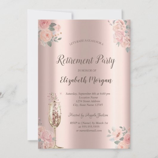 Invitation Roses blanches, Verre de champagne, Retraite d'or  (Devant)