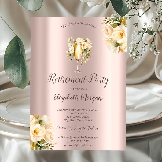 Invitation Roses blanches, Verre de Champagne, Retraite d'or