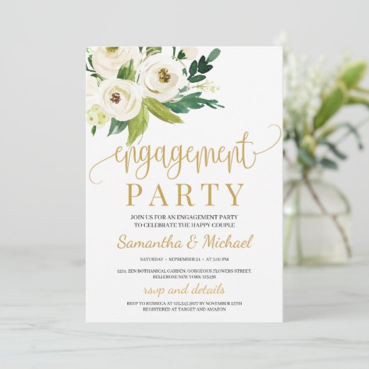 Invitation Roses blanches vertes fiançailles or fleuri (Debout devant)