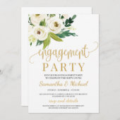 Invitation Roses blanches vertes fiançailles or fleuri (Devant / Derrière)