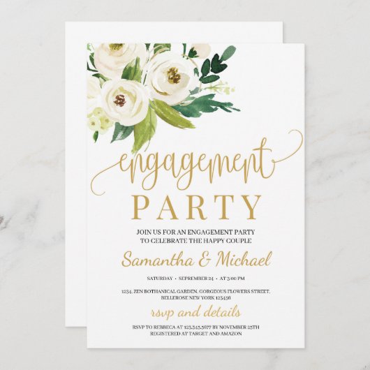 Invitation Roses blanches vertes fiançailles or fleuri (Devant / Derrière)