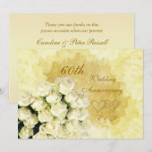 Invitation Roses blancs, cœurs 60e anniversaire de mariage (Devant / Derrière)