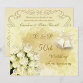 Invitation Roses blancs et cloches 50e anniversaire de mariag (Devant / Derrière)