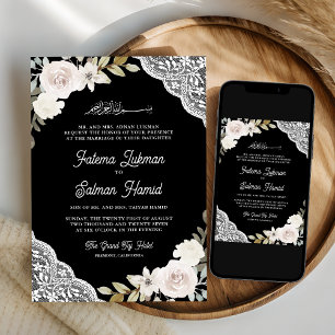 Invitation Roses blancs noirs dentelle Mariage musulman islam