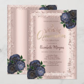 Invitation Roses bleu marine, cadre de Parties scintillant Co (Devant / Derrière)