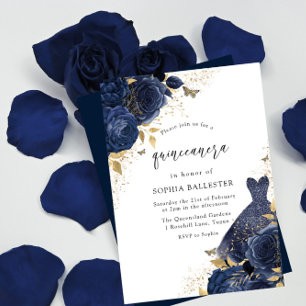 Invitation Roses bleu marine et robe Gold Quinceanera Party