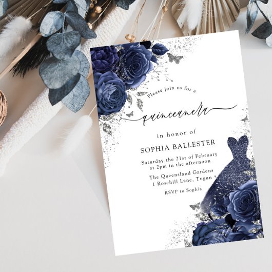 Invitation Roses bleu marine et robe Silver Quinceanera Party