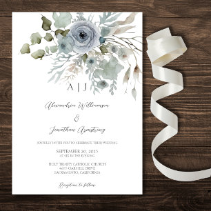 Invitation Roses Bleu Poussiéreux sur Mariage Blanc