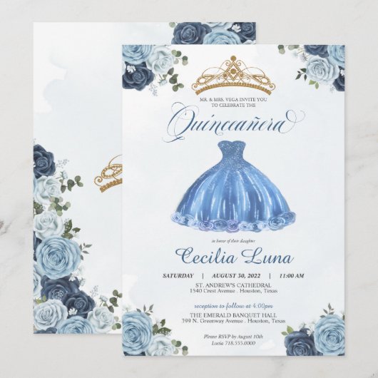 Invitation Roses Bleues et Blanches Princesse Quinceañera Ann (Devant / Derrière)