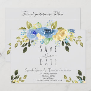 Invitation Roses bleues et jaunes sur gris doux
