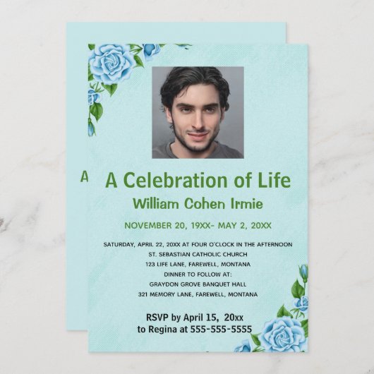 Invitation Roses bleues modifiables Photo de célébration de (Devant / Derrière)